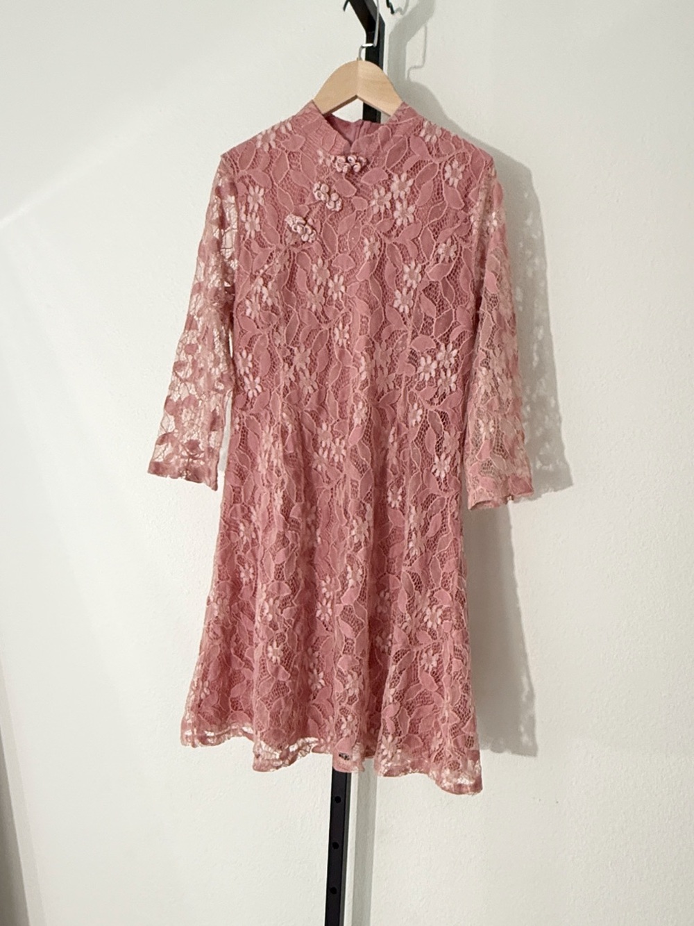 Vintage Pink Lace Cheongsam Mini Dress XS-S Mandarin Collar Coquette Party